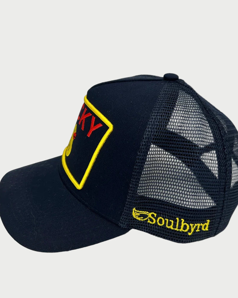 Black mesh cap with red and yellow logo on a white background