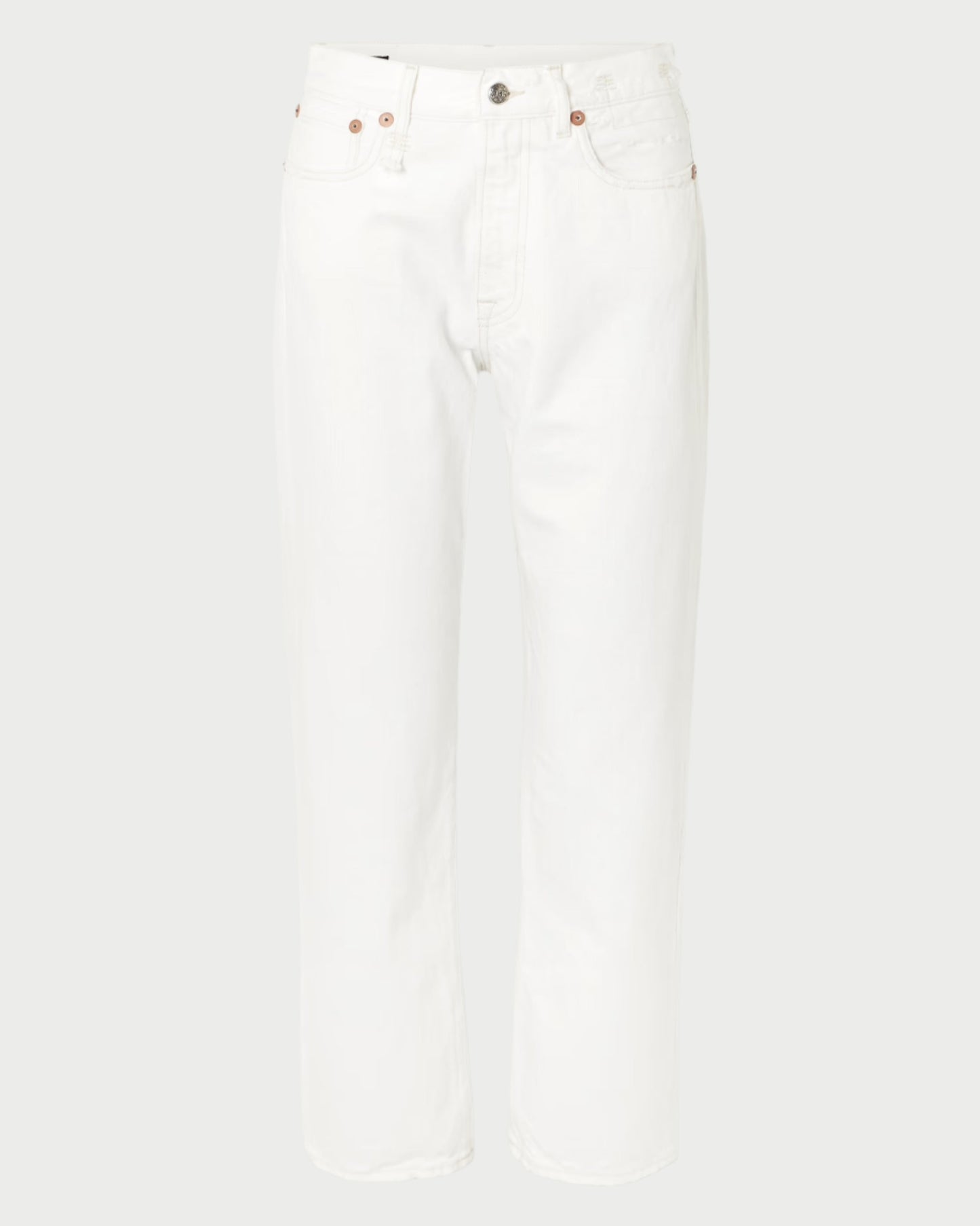 The Boyfriend Jean in Aerin White by R13 is a pair of high-waisted, straight-leg white jeans made from premium cotton denim, featuring a classic five-pocket style with copper rivets, shown against a plain white background.