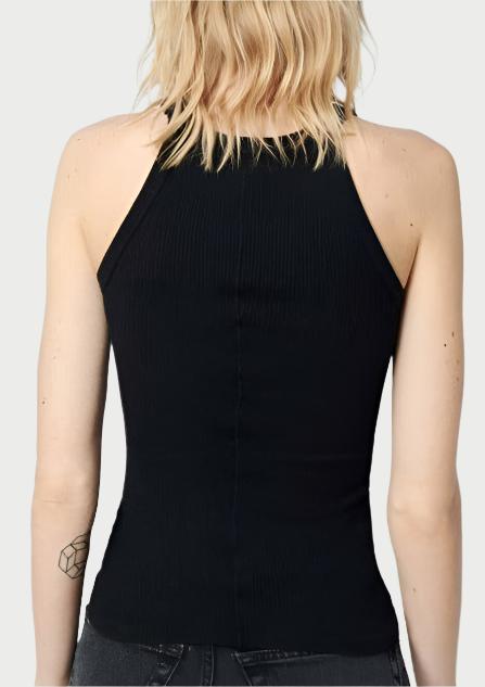 A person with shoulder-length blonde hair is seen from behind in the RE/DONE Ribbed Tank in Black and dark jeans, revealing a geometric tattoo on their left upper arm. The background is light gray.