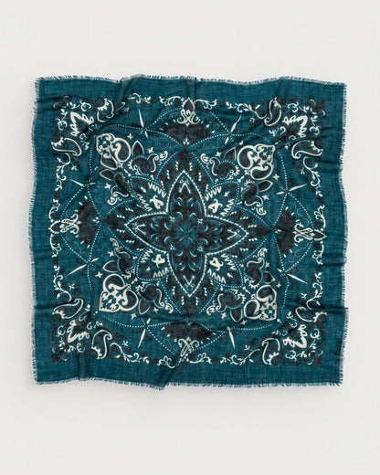 Maison Lecomte Flament Petrol square bandana scarf shown flat with its teal and ivory print.