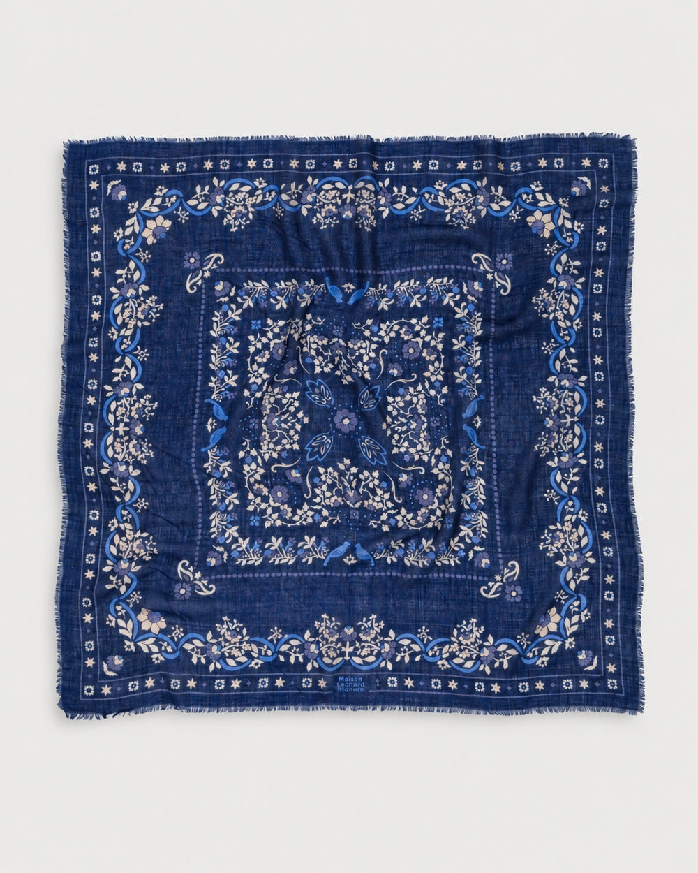 Maison Lecomte Flament Secret Garden Dark Navy square scarf shown flat with its floral print.