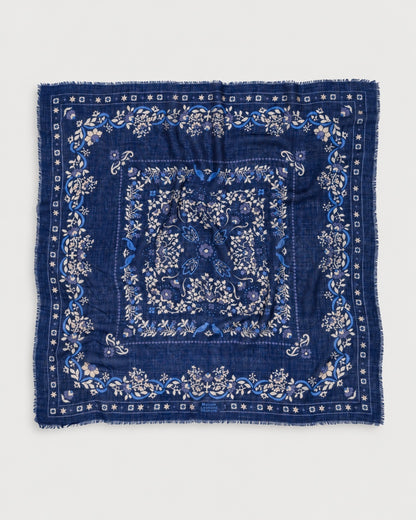 Maison Lecomte Flament Secret Garden Dark Navy square scarf shown flat with its floral print.