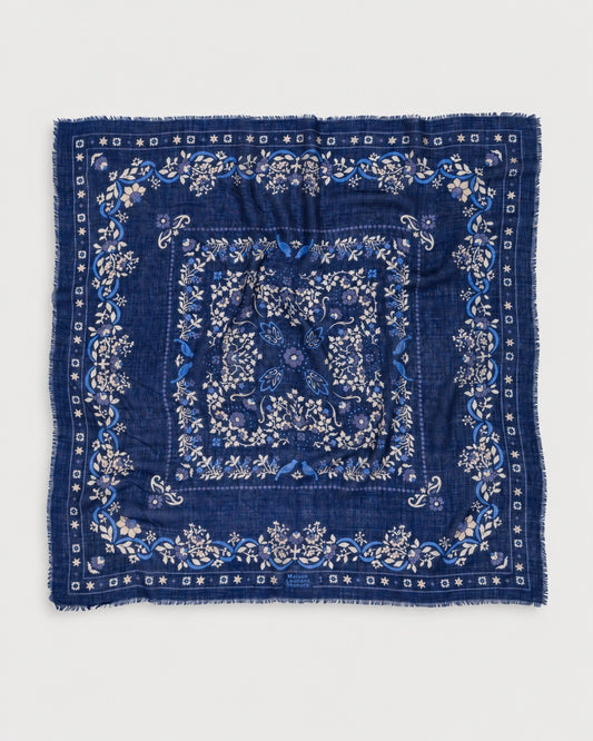 Maison Lecomte Flament Secret Garden Dark Navy square scarf shown flat with its floral print.