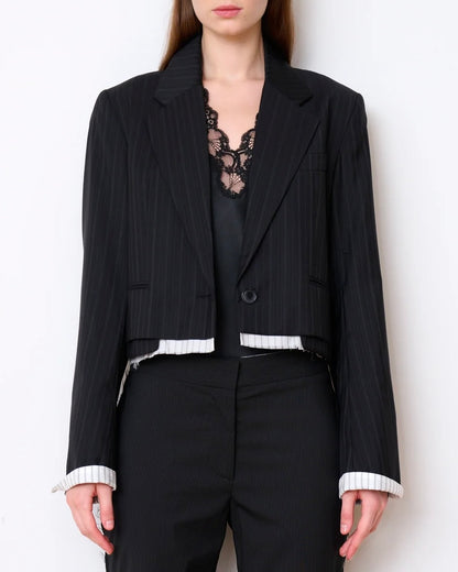 WE-AR4 Cocktail Blazer Black Stripe featuring a cropped fit with a single button closure, exposed white lining at the cuffs and hem, and a black lace-trimmed camisole underneath.