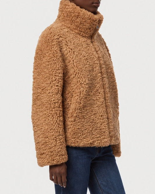 Side view of APPARIS Brooks Coat in Camel with its cropped shape