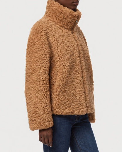 Side view of APPARIS Brooks Coat in Camel with its cropped shape