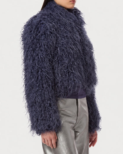 Side view of APPARIS Ginette Jacket in Steel Blue with its cropped shape