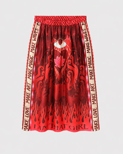 ME369 Vanessa Midi Skirt in Red Aura print, featuring an eye and lotus graphic, flame patterns at the hem, “I AM THAT GIRL” text, and side stripes reading “MAKE LOVE,” “MAKE ART,” “MAKE MAGIC,” and “MAKE WAVES.”
