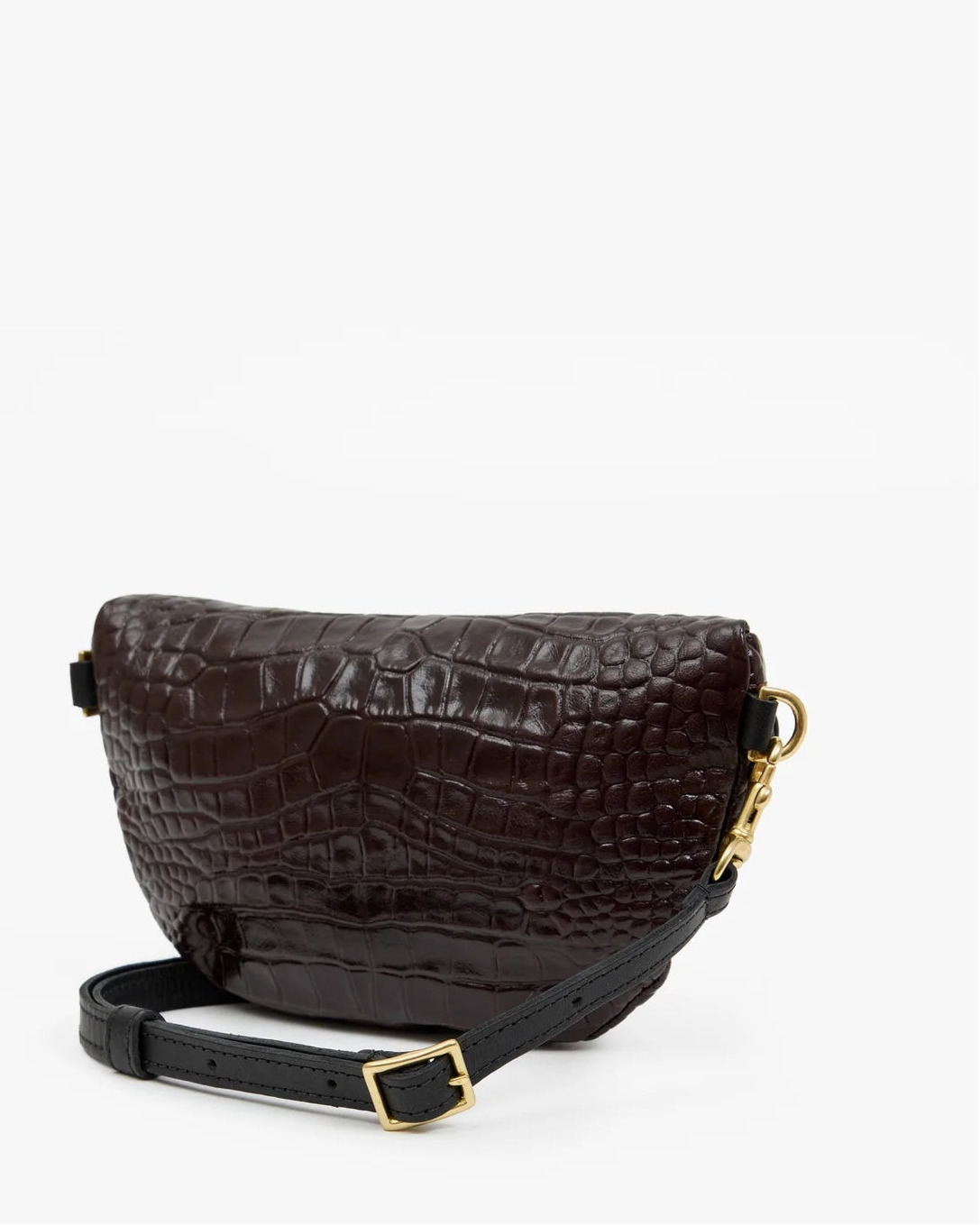 Clare V. Petite Fanny Mahogany crescent-shaped crossbody bag in dark brown croco-embossed leather, featuring a black strap and gold-tone hardware.