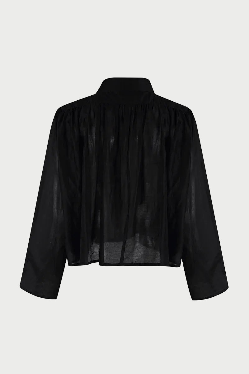 Back view of The Shirt Hayden Shirt Black, a sheer black swing shirt featuring a high collar, long sleeves, and gathered fabric detail at the shoulders.