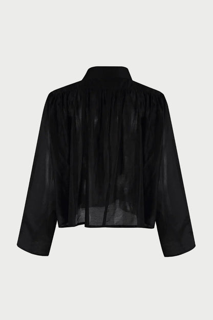 Back view of The Shirt Hayden Shirt Black, a sheer black swing shirt featuring a high collar, long sleeves, and gathered fabric detail at the shoulders.