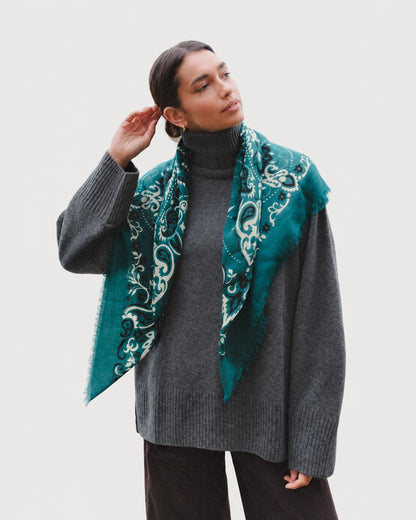 Maison Lecomte Flament Petrol scarf worn over a dark sweater.