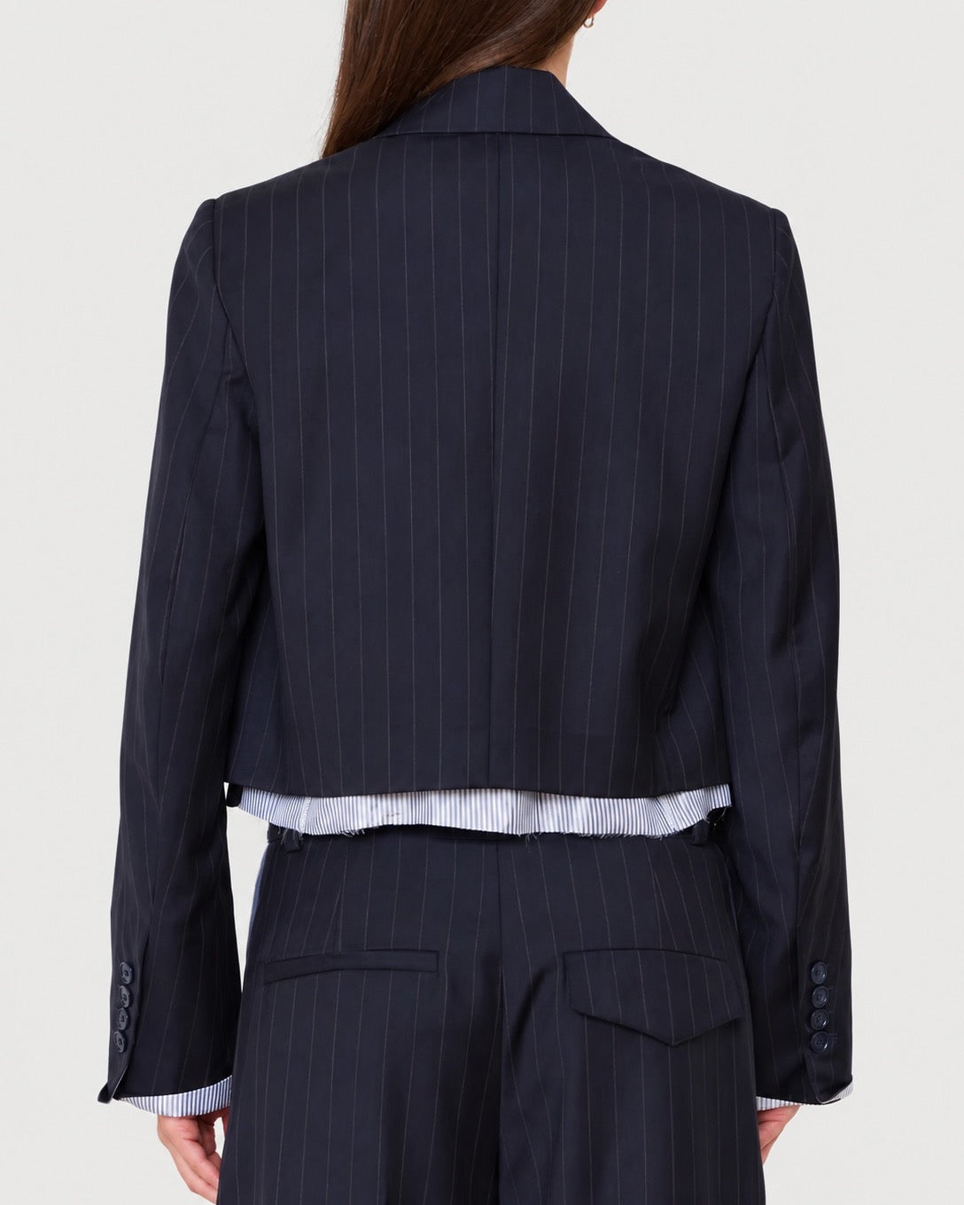 WE-AR4 Cocktail Blazer in Navy Stripe, back view on model