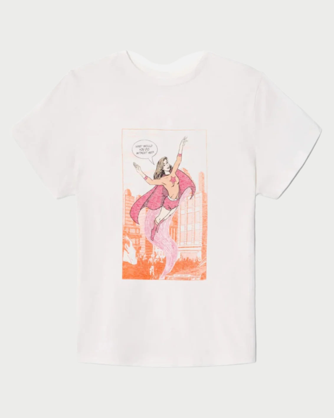 The Superhero Classic Tee by RE/DONE features a white graphic design of a superhero woman with pink wings flying over a cityscape, with the phrase “What would you do if you weren’t afraid?” in a speech bubble.