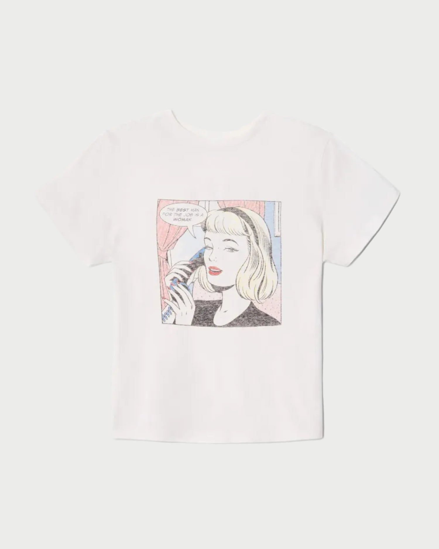 White t-shirt with a graphic of a woman on a phone on a white background