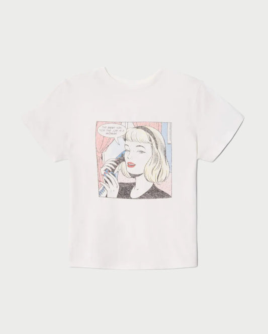 White t-shirt with a graphic of a woman on a phone on a white background