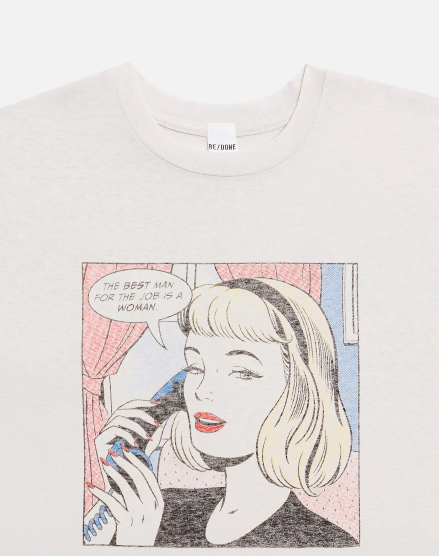 T-shirt with a graphic design of a woman on a phone.