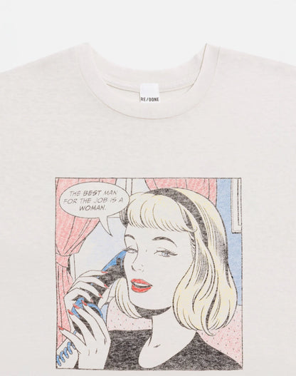T-shirt with a graphic design of a woman on a phone.