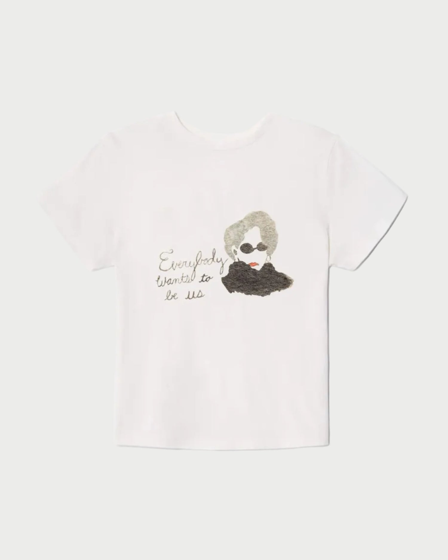 White t-shirt with a graphic of a dog and text on a white background
