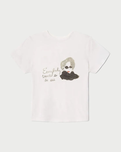 White t-shirt with a graphic of a dog and text on a white background
