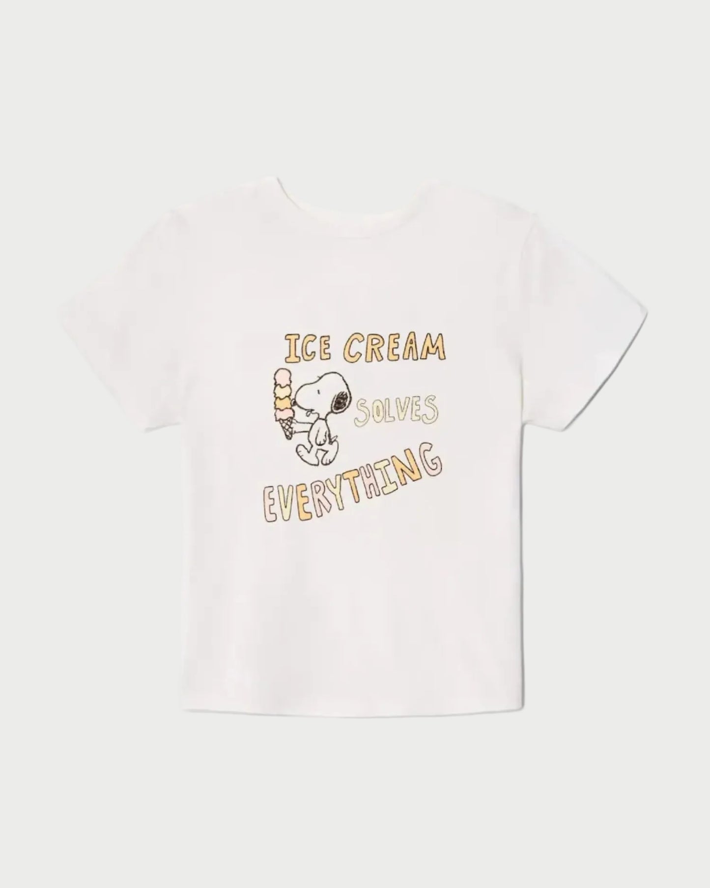 White t-shirt with ice cream graphic and text on a white background