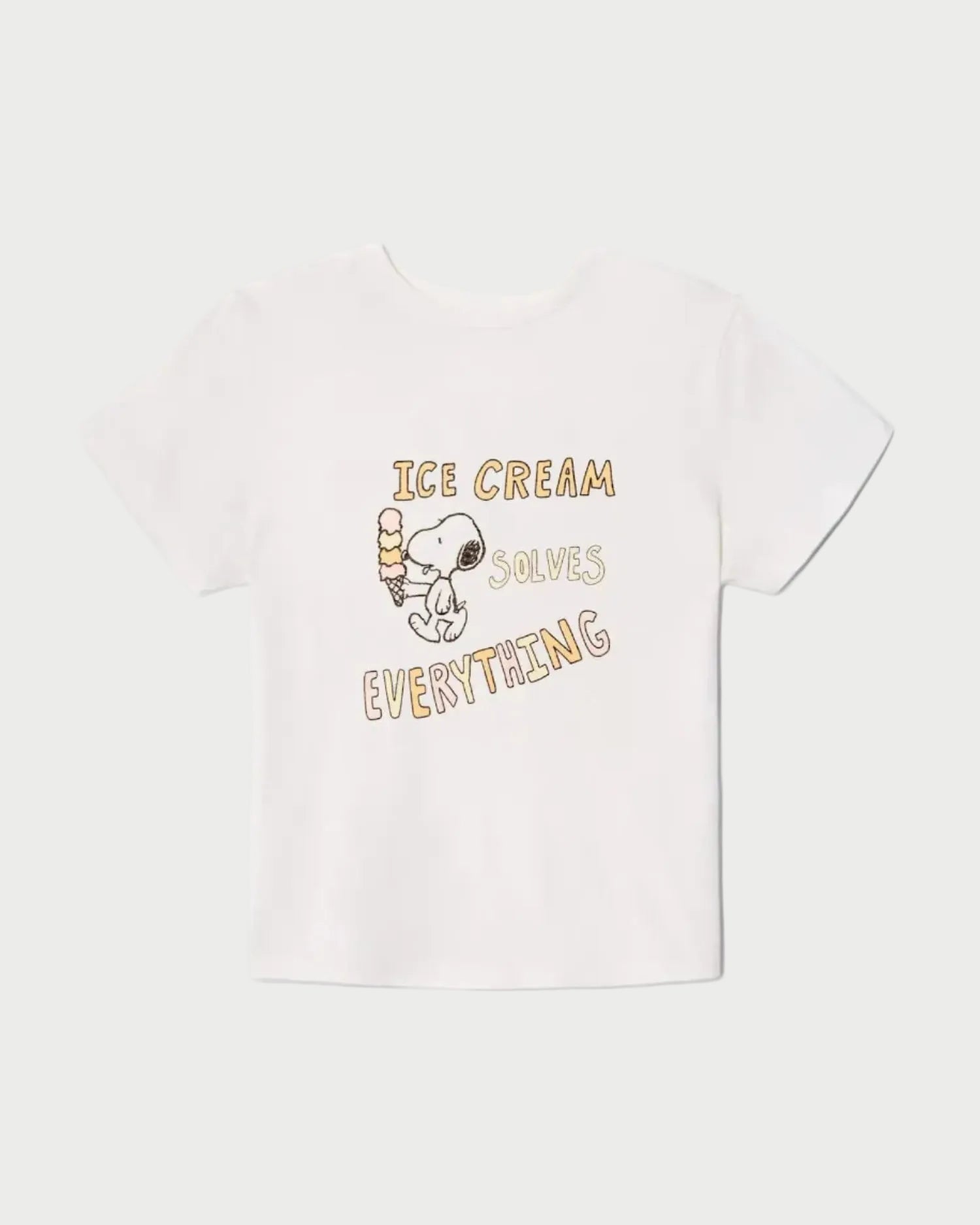 White t-shirt with ice cream graphic and text on a white background