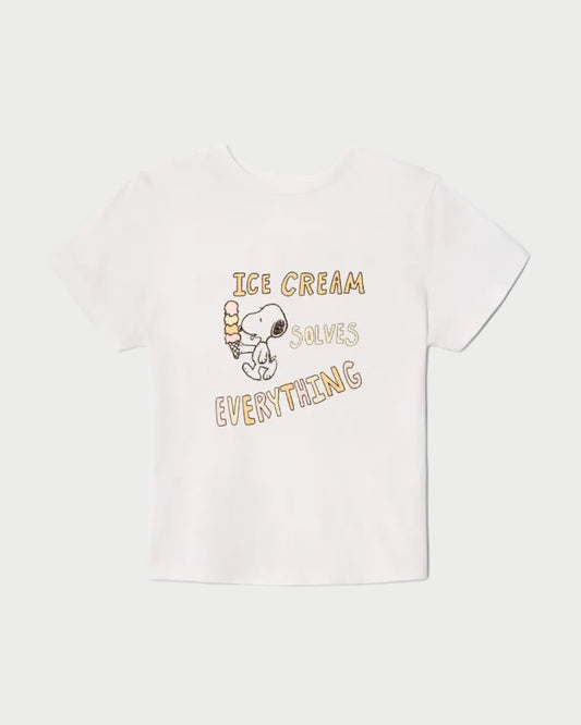 White t-shirt with ice cream graphic and text on a white background