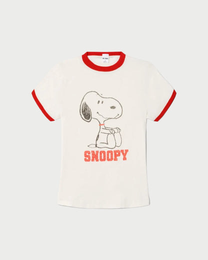 The RE/DONE Snoopy 60s Slim Ringer Tee is a vintage-style white t-shirt with red trim, featuring a Snoopy graphic and bold red “SNOOPY” lettering below the illustration.