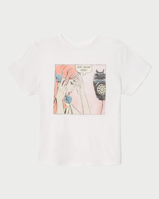 White t-shirt with graphic design on a white background