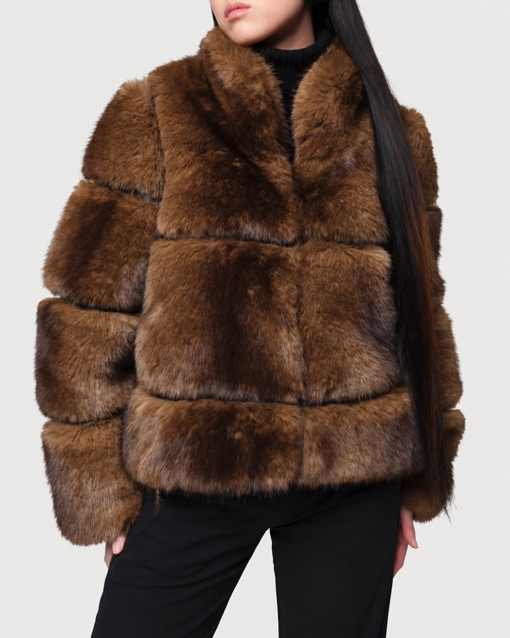 Close-up of APPARIS Sai Coat in Mink showing its shawl collar and rich brown faux fur