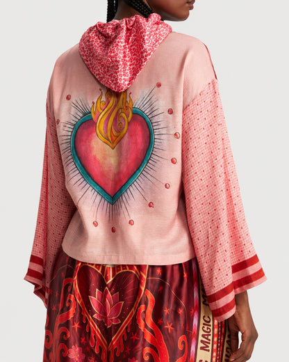 ME369 Mei Cropped Hoodie Red Aura featuring a back graphic of a flaming heart and a red leopard-print hood.