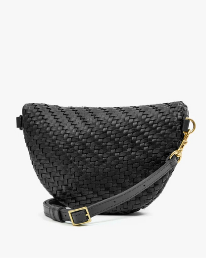Black woven crescent-shaped Clare V. Petite Fanny Black with an adjustable strap and gold hardware.