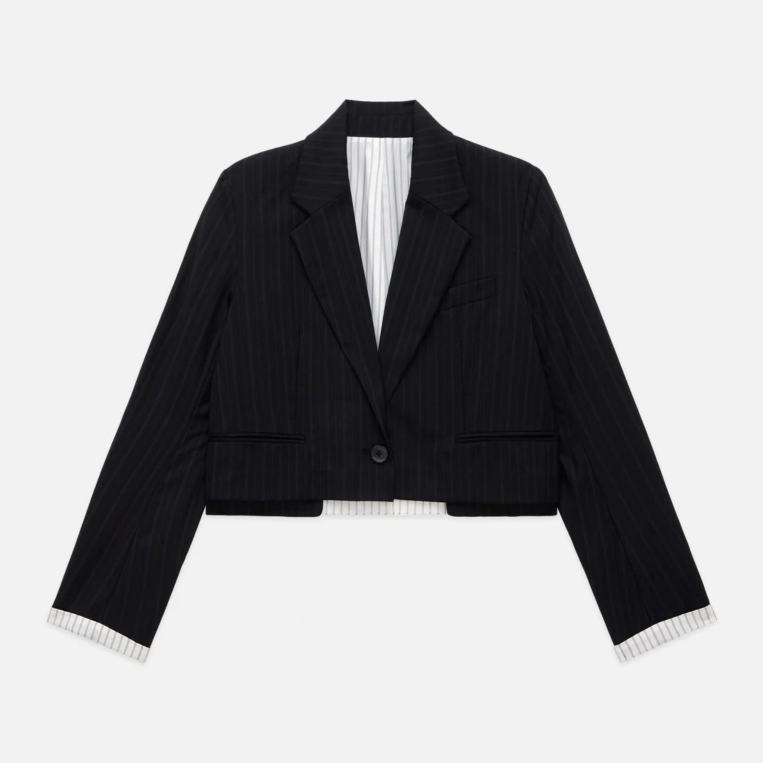 WE-AR4 Cocktail Blazer Black Stripe, a cropped blazer featuring a single-button closure and white vertical-striped lining visible at the lapels and cuffs.
