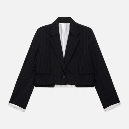 WE-AR4 Cocktail Blazer Black Stripe, a cropped blazer featuring a single-button closure and white vertical-striped lining visible at the lapels and cuffs.