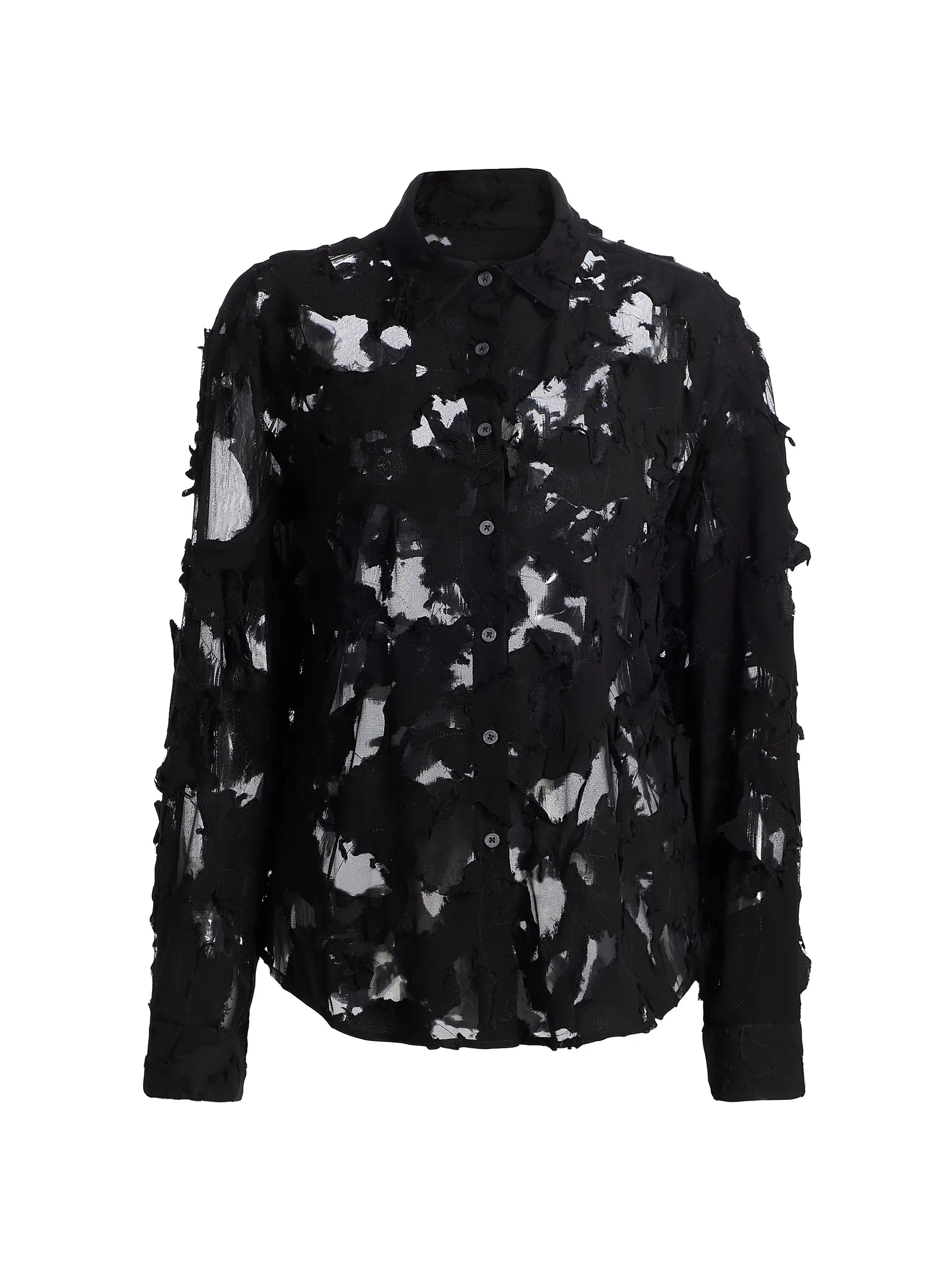 The R13 Slim Abstract Print Shirt is a black long-sleeve button-up featuring a distressed, semi-sheer design with irregular holes and frayed fabric for an edgy yet polished look.