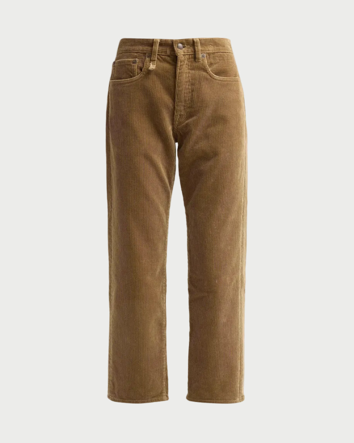 A pair of brown corduroy jeans with a straight-leg fit, displayed on a neutral light gray background.