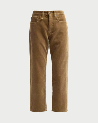 A pair of brown corduroy jeans with a straight-leg fit, displayed on a neutral light gray background.