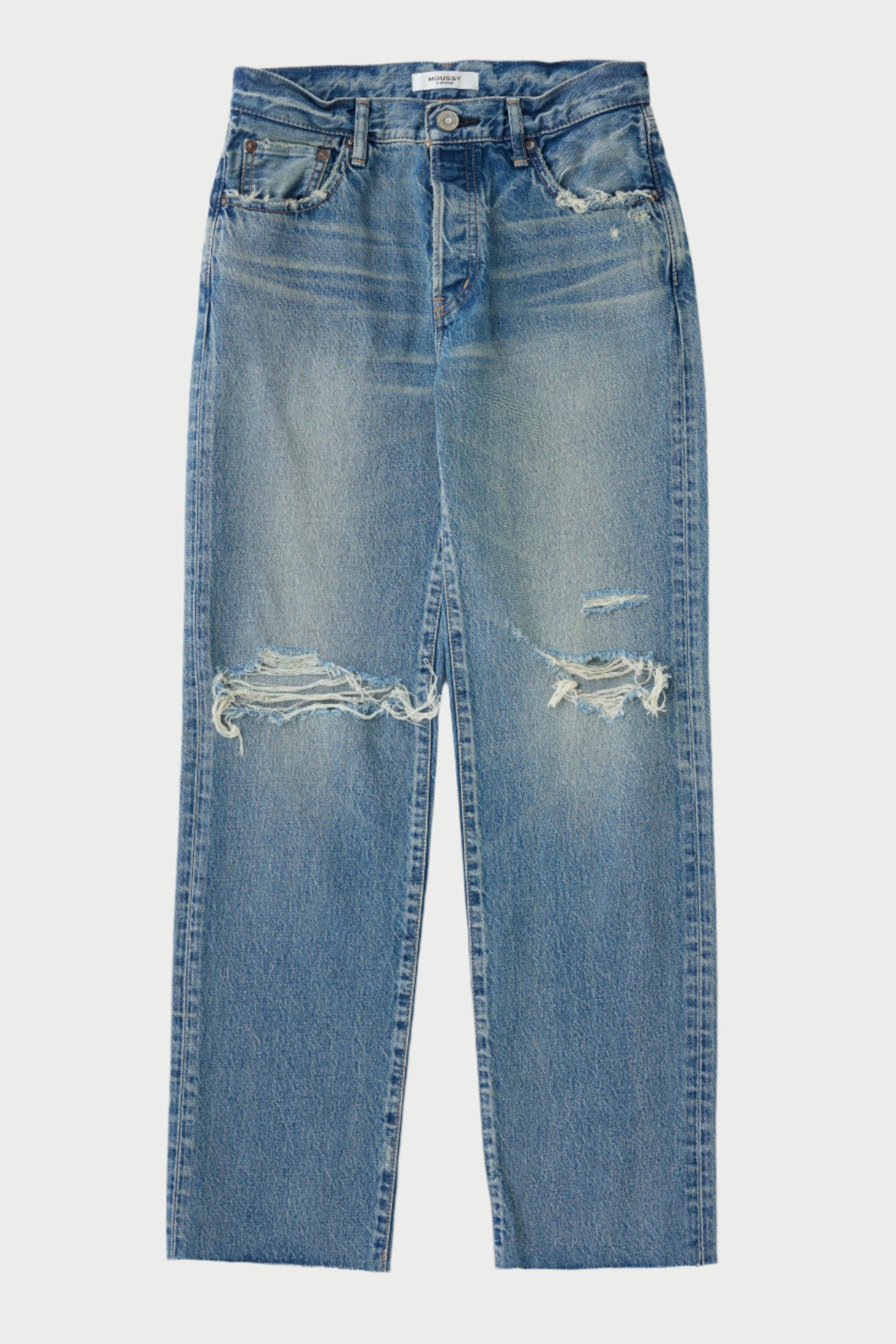 The Edgemere Straight Leg Jeans by Moussy feature a light blue wash, high waist, relaxed fit, distressed details with rips above the knees, classic five-pocket styling, and a button closure.