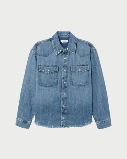 Blue denim shirt on a light gray background