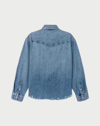 Blue denim jacket on a light blue background