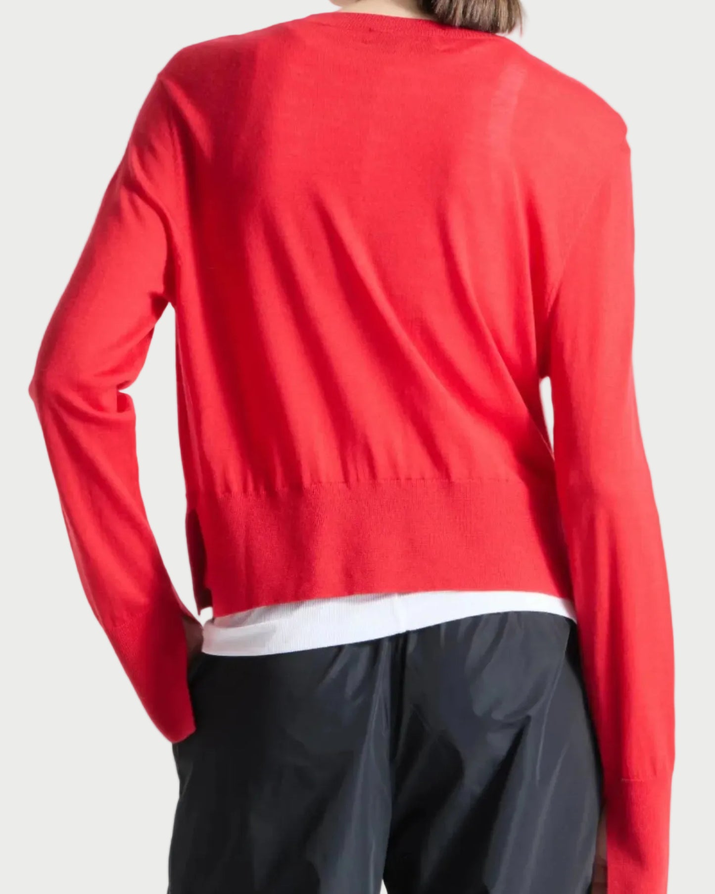 Person wearing a red sweater over a white shirt with black pants on a white background