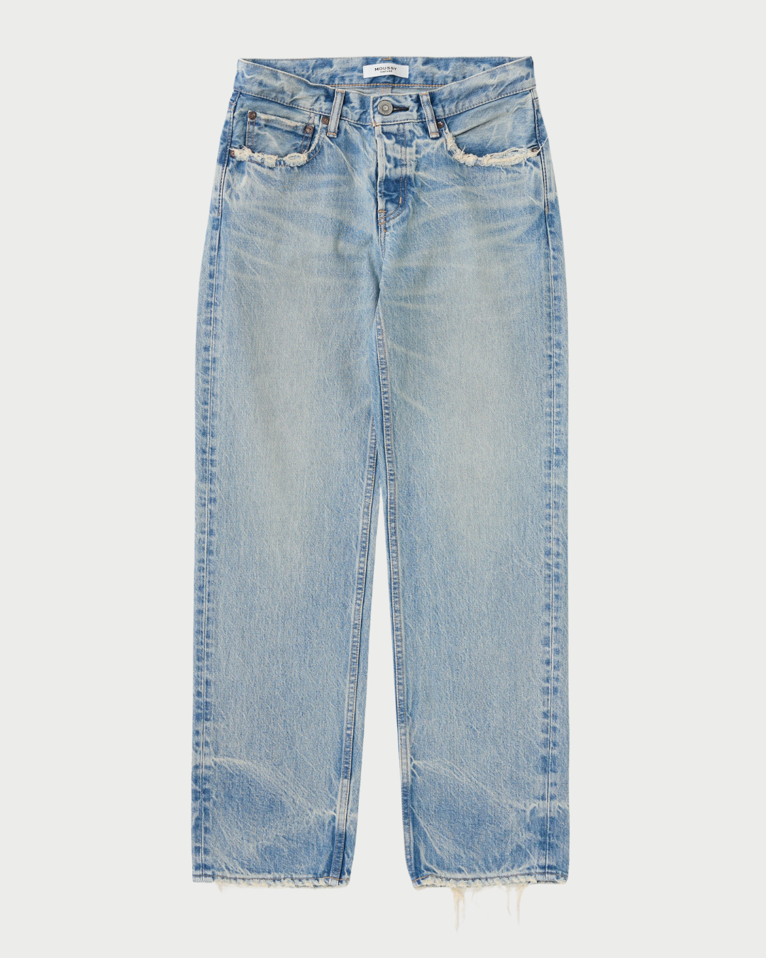 The Moussy Wildwood Straight Leg Jeans by Moussy feature a light blue, high-waisted fit with distressed pockets and waistband, faded wash, and frayed hems, shown laid flat on a white background.