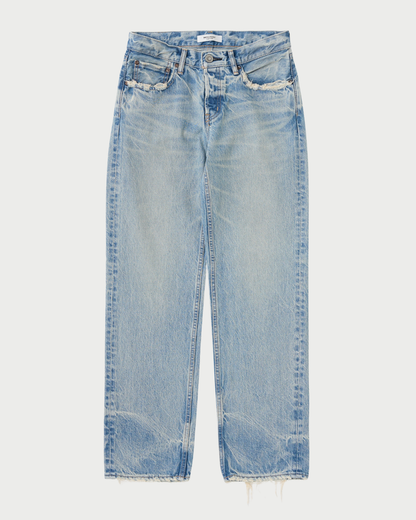The Moussy Wildwood Straight Leg Jeans by Moussy feature a light blue, high-waisted fit with distressed pockets and waistband, faded wash, and frayed hems, shown laid flat on a white background.