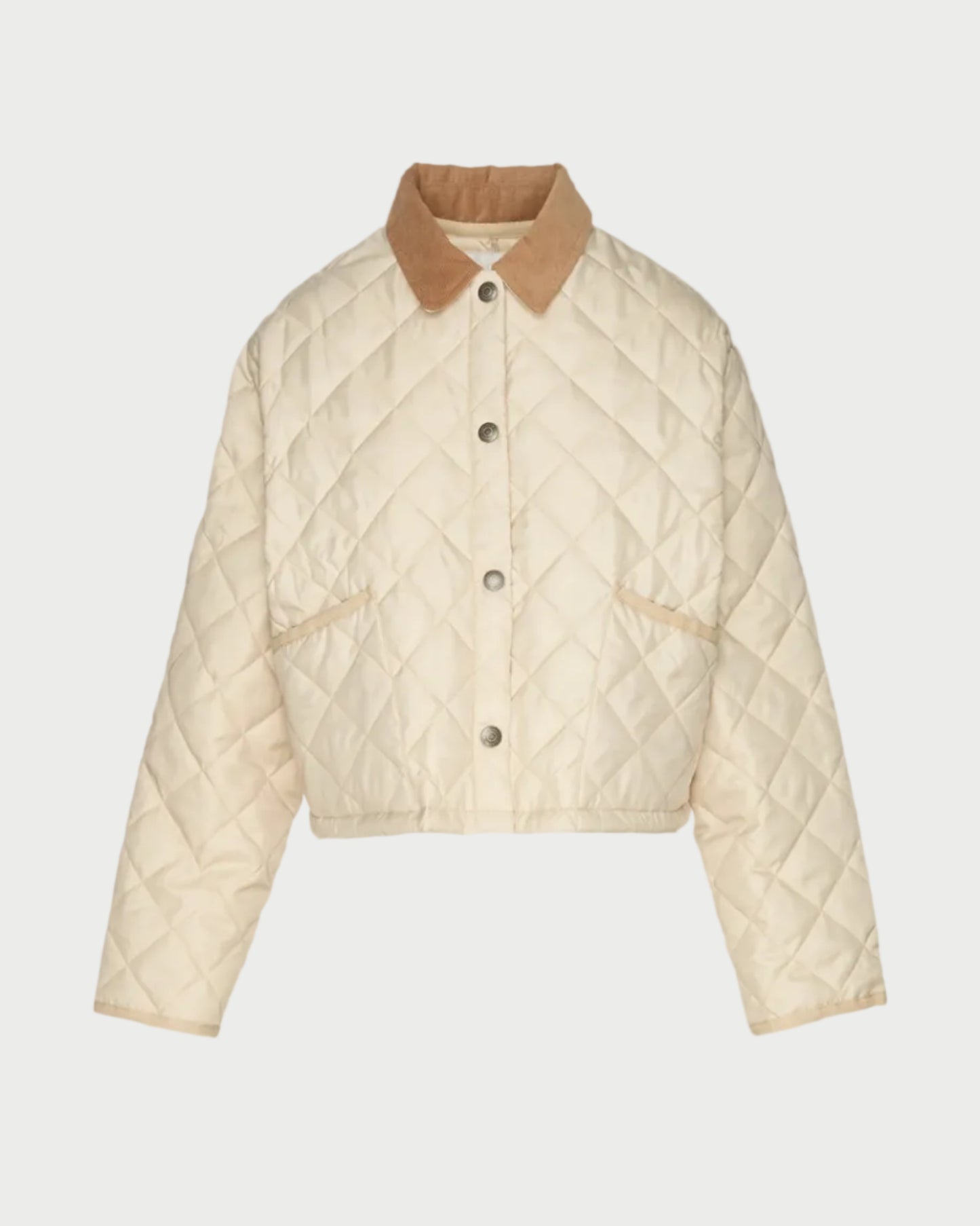 A cropped quilted jacket in cream with a contrasting tan corduroy collar, shown against a light gray background.