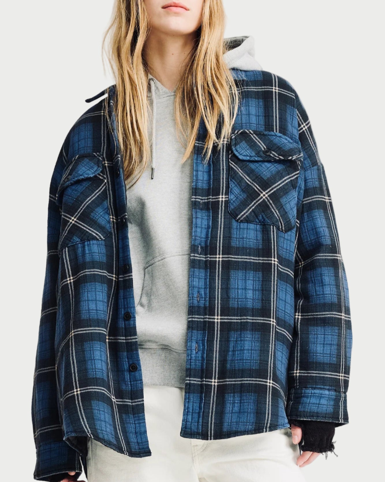 Person wearing a blue plaid shirt over a gray hoodie on a white background