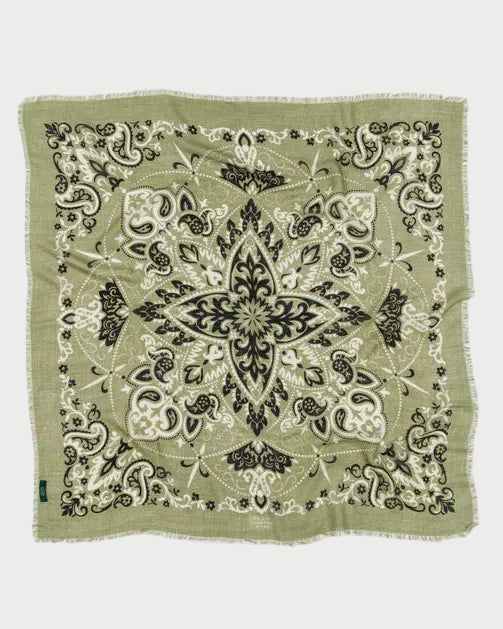 Green bandana with black and white pattern on a white background