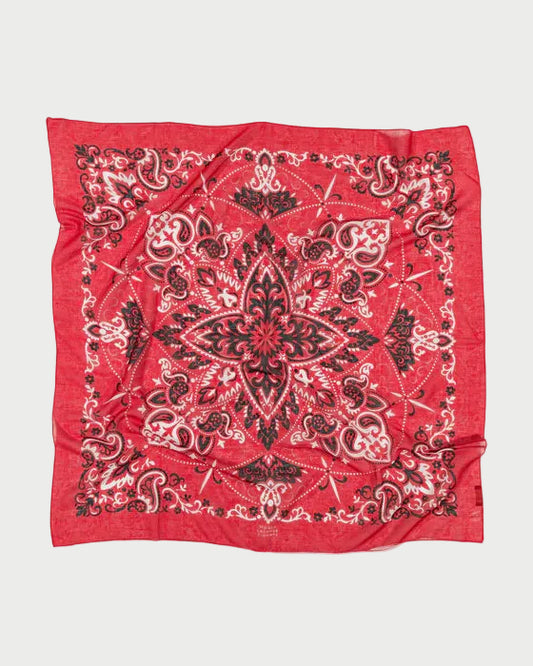 Red bandana with black paisley pattern on a white background