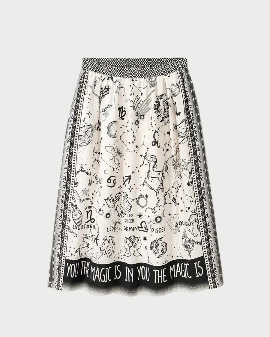 Skirt with black and white graphic design on a light gray background