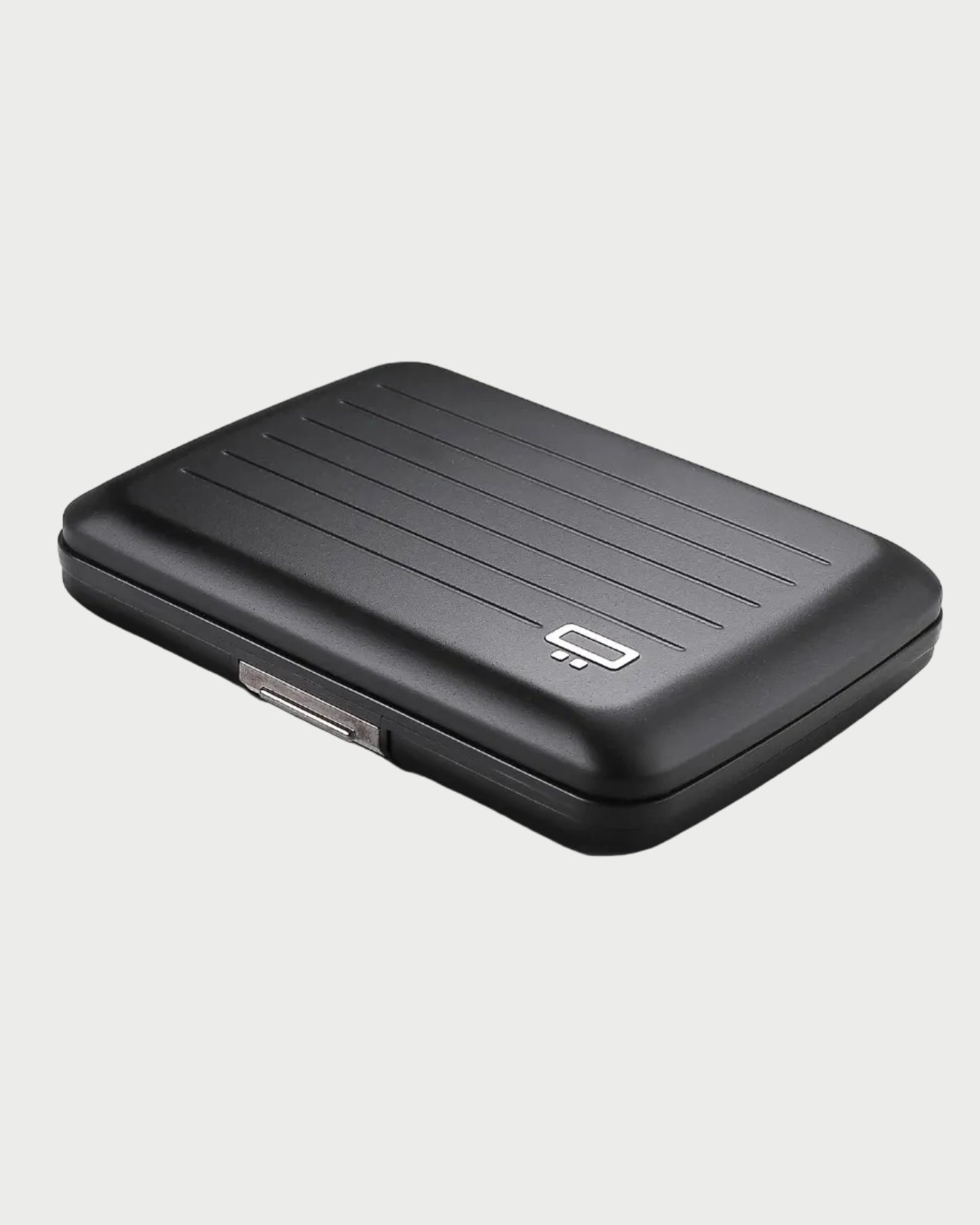 Black portable hard drive on a white background