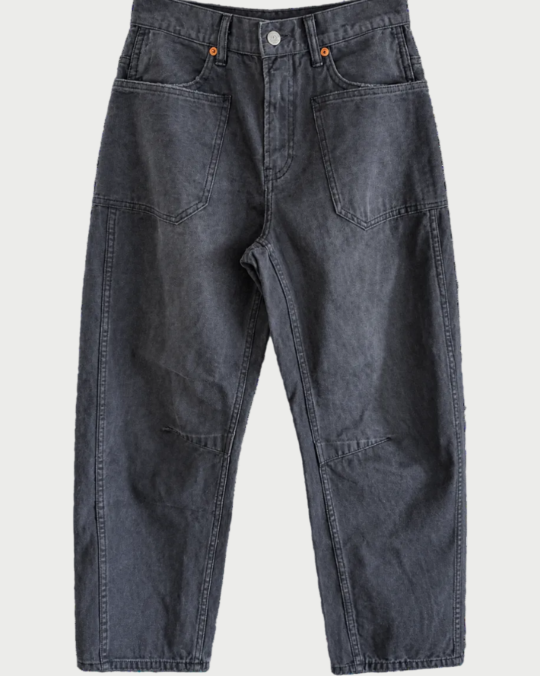 Dark gray washed denim pants with a relaxed straight-leg fit, featuring large front patch pockets and reinforced knee patches, shown against a plain white background.